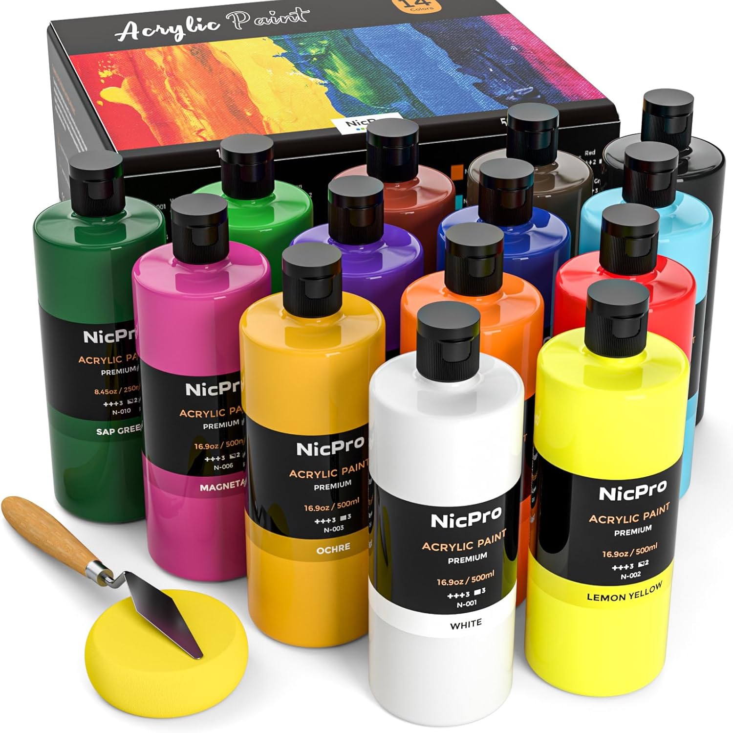 Nicpro 14 Colors Large Bulk Acrylic Paint Set (16.9 oz,500 ml) Rich Art Painting...