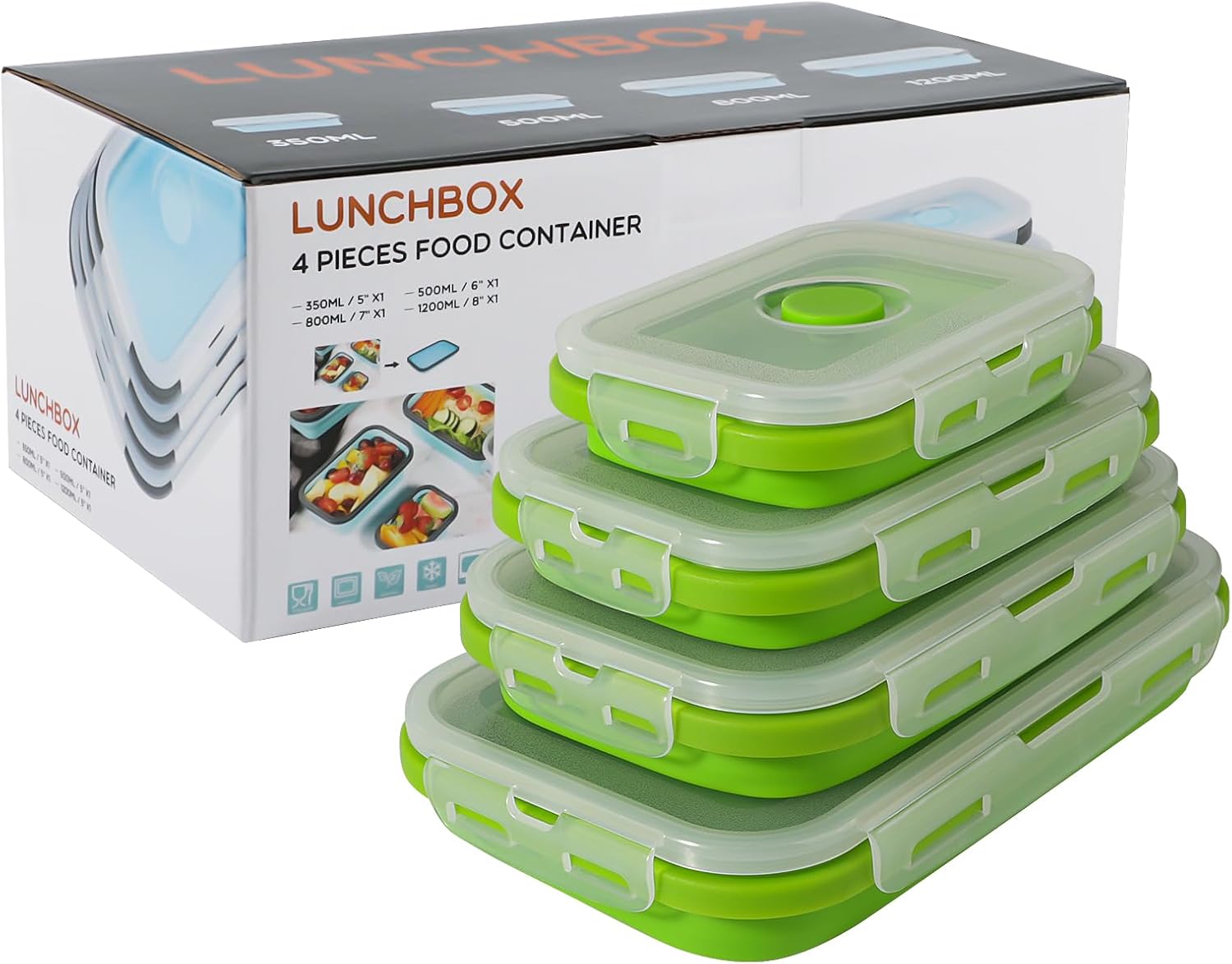 Collapsible Silicone Food Storage Container with Lid, Portable Lunch Bento Box O...