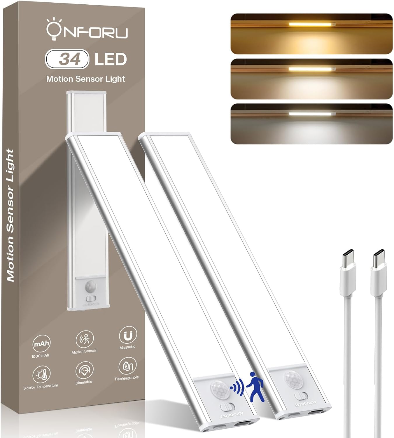 Onforu Under Cabinet Lighting, 34 LED Rechargeable Battery Operated Motion Senso...