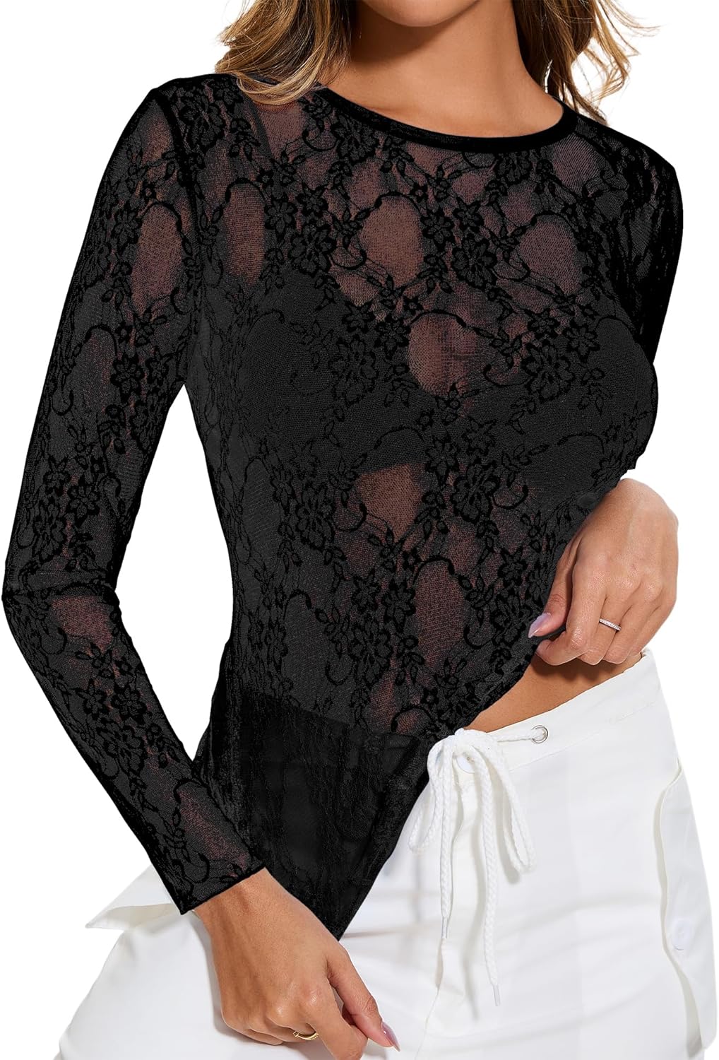 AKEWEI Womens Mesh Long Sleeve Tops Crew Neck Sexy See Through Tee Shirts Party...