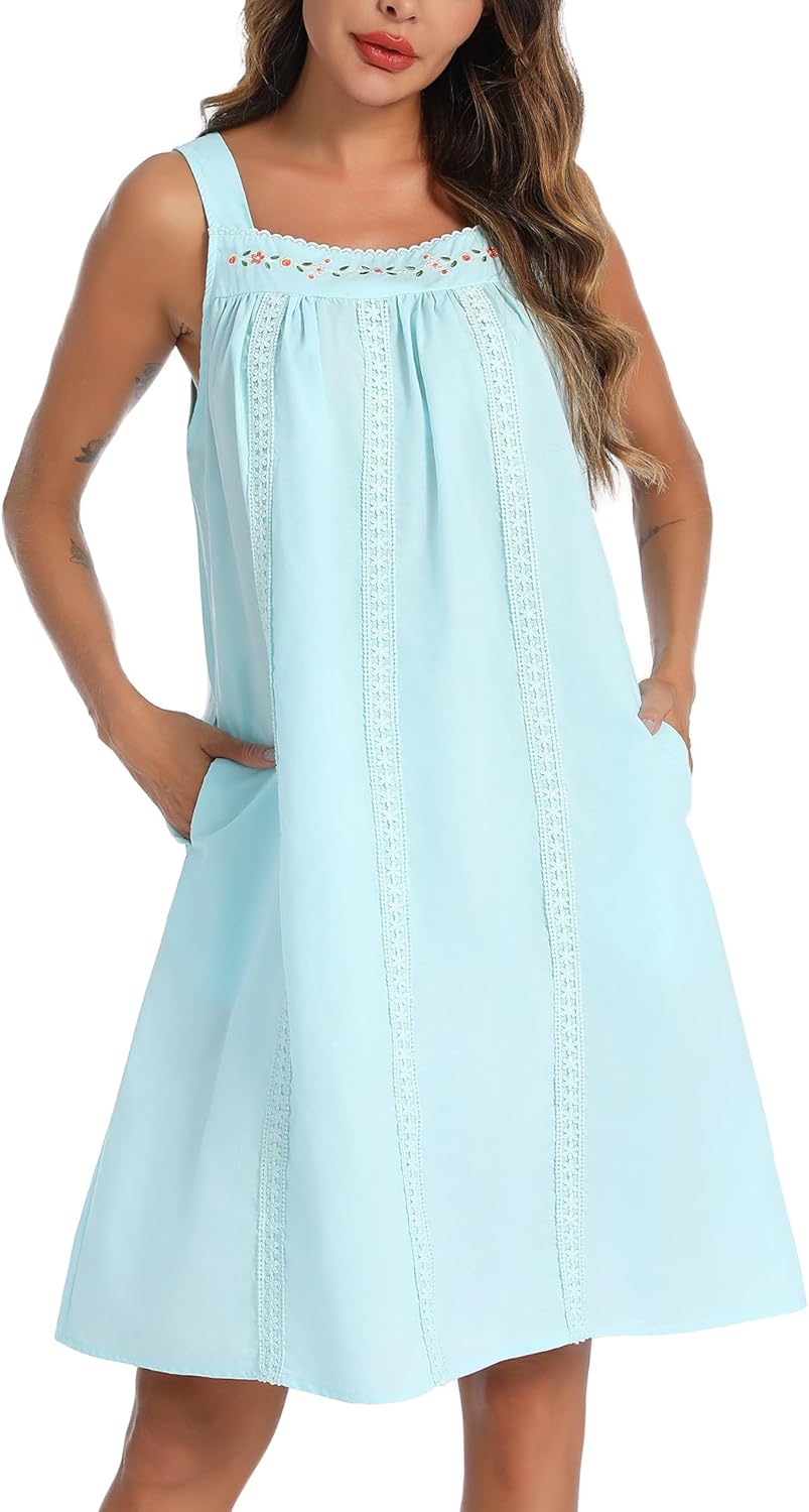 YOZLY Cotton Nightgowns for Women Sleeveless Tank Night Gown Sleepwear with Pock...