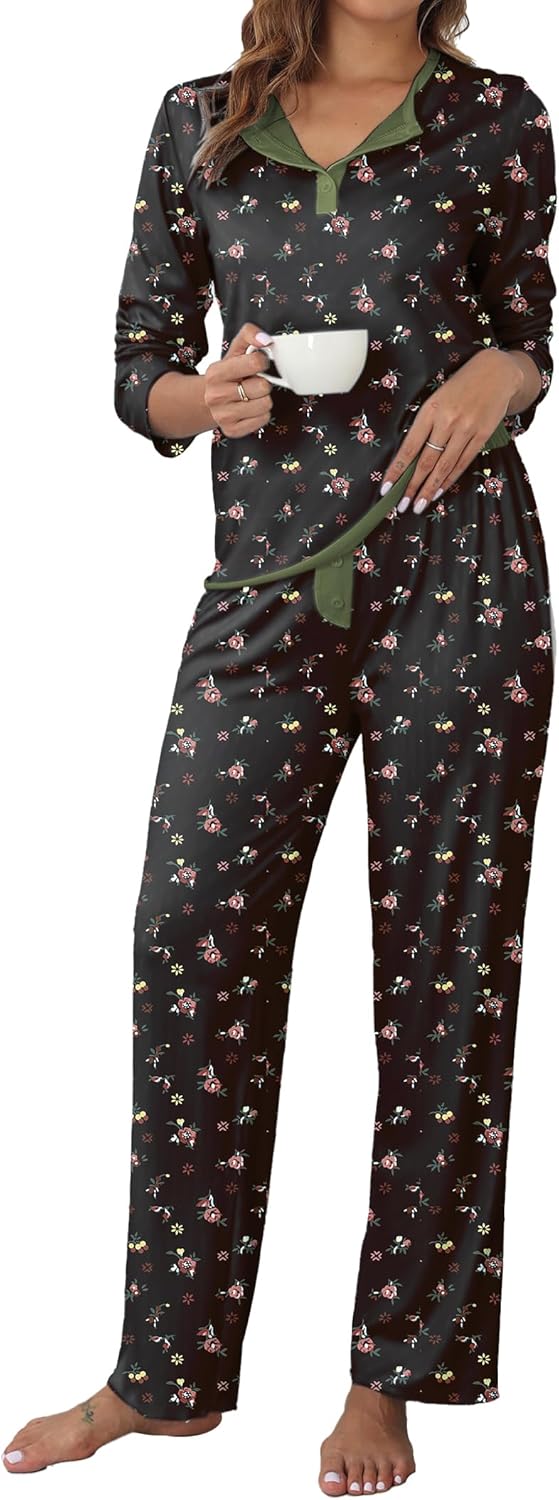 iChunhua Pajamas Set for Women Long Sleeve Henley Neck Comfy Pjs Color Block Lou...