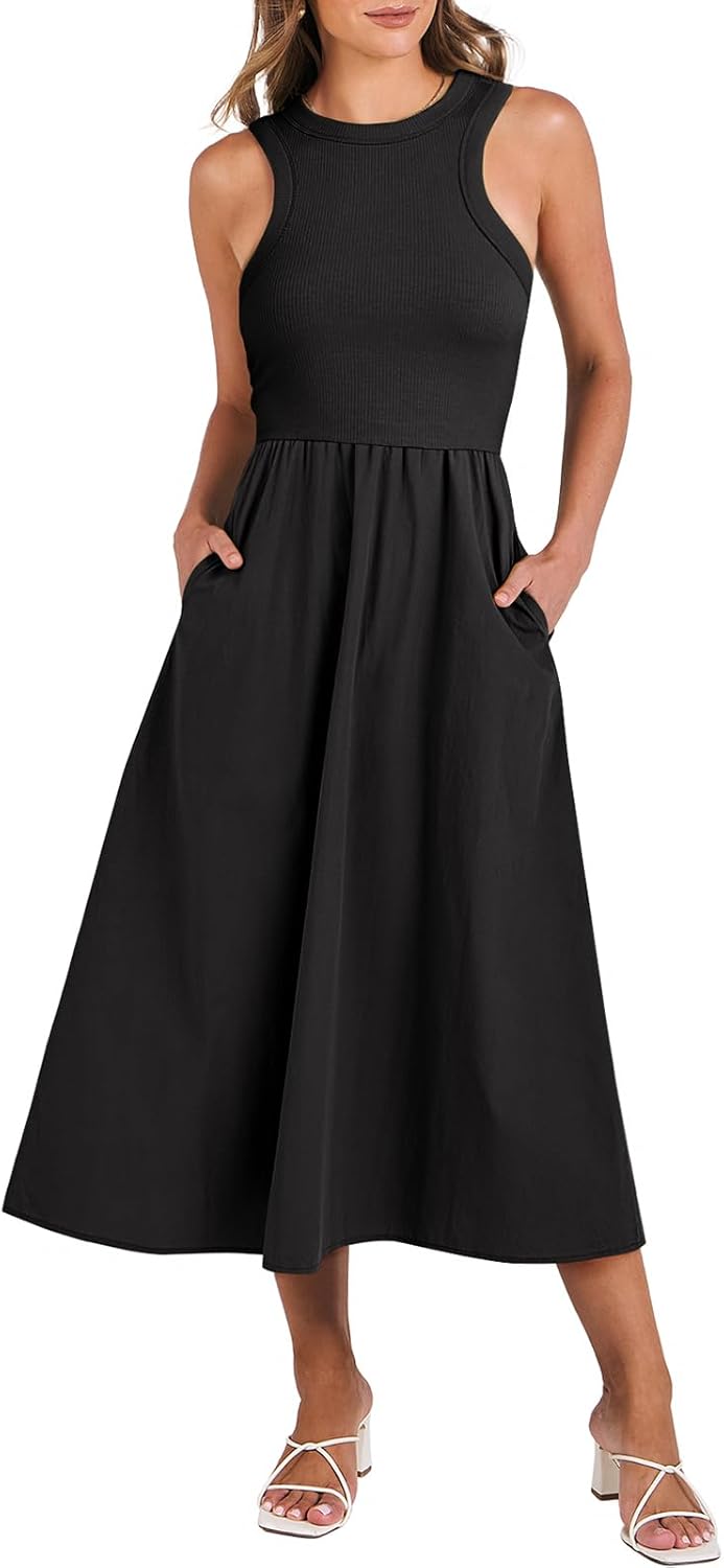 ANRABESS Women's Summer Casual Sleeveless Midi Sundress Patchwork Knit High Neck...