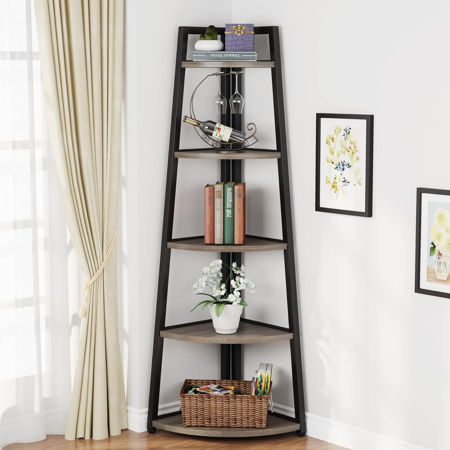 Tribesigns 70 inch Tall Corner Shelf, 5 Tier Industrial Corner Bookshelf Bookcas...