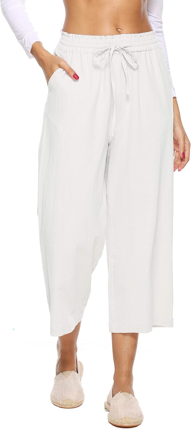 LNX Womens Linen Pants High Waisted Wide Leg Drawstring Casual Loose Trousers wi...