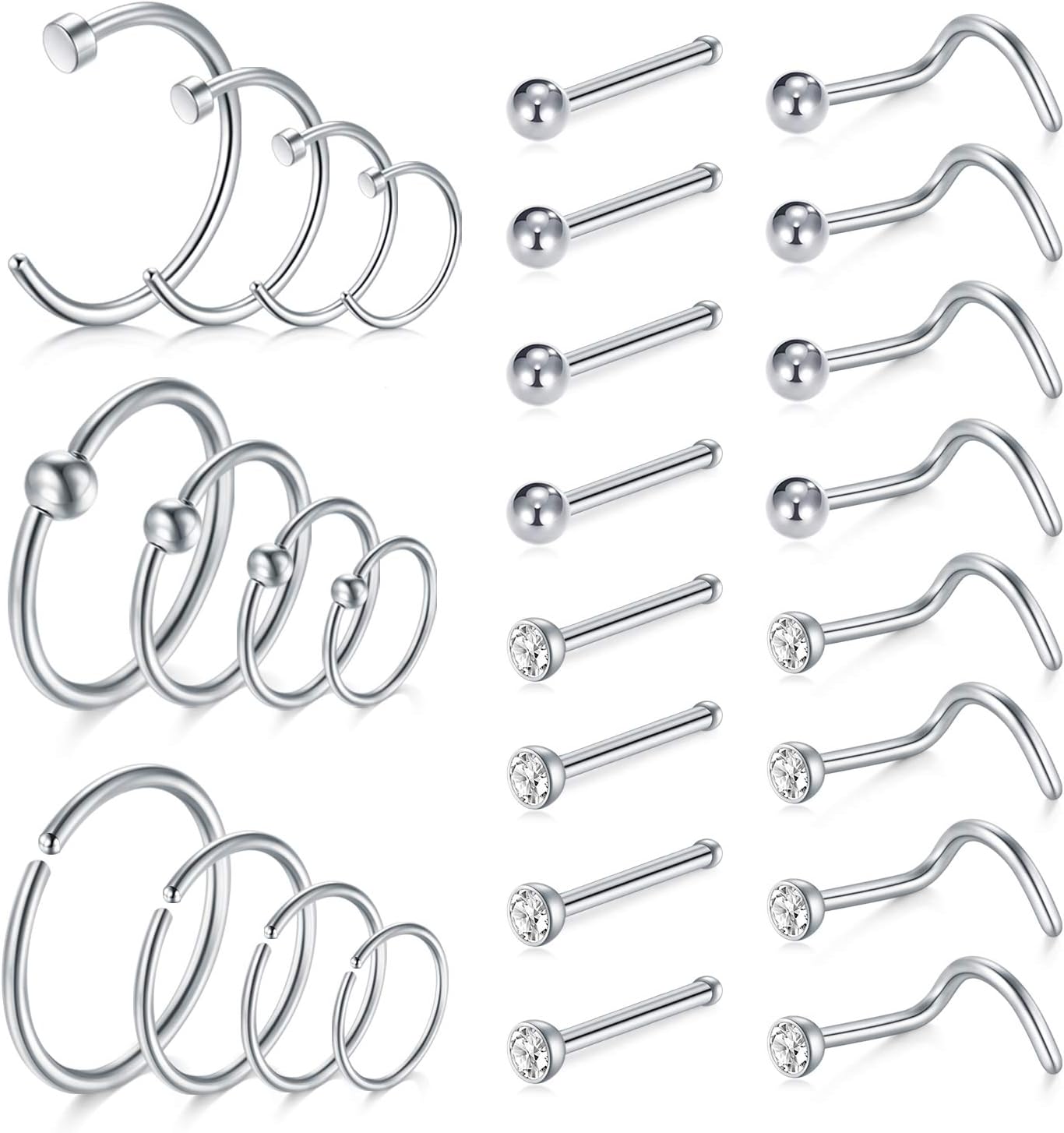 LAURITAMI 28pcs Nose Studs Silver Nose Rings Stainless Steel Thin Nose Bar Screw...