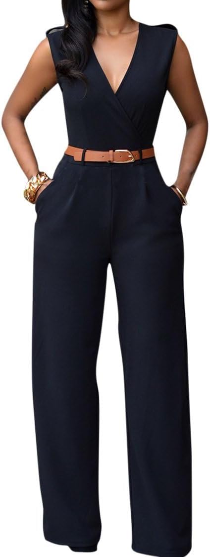 Pink Queen Jumpsuits for Women Dressy V Neck Sleeveless Wide Leg Long Pants Romp...