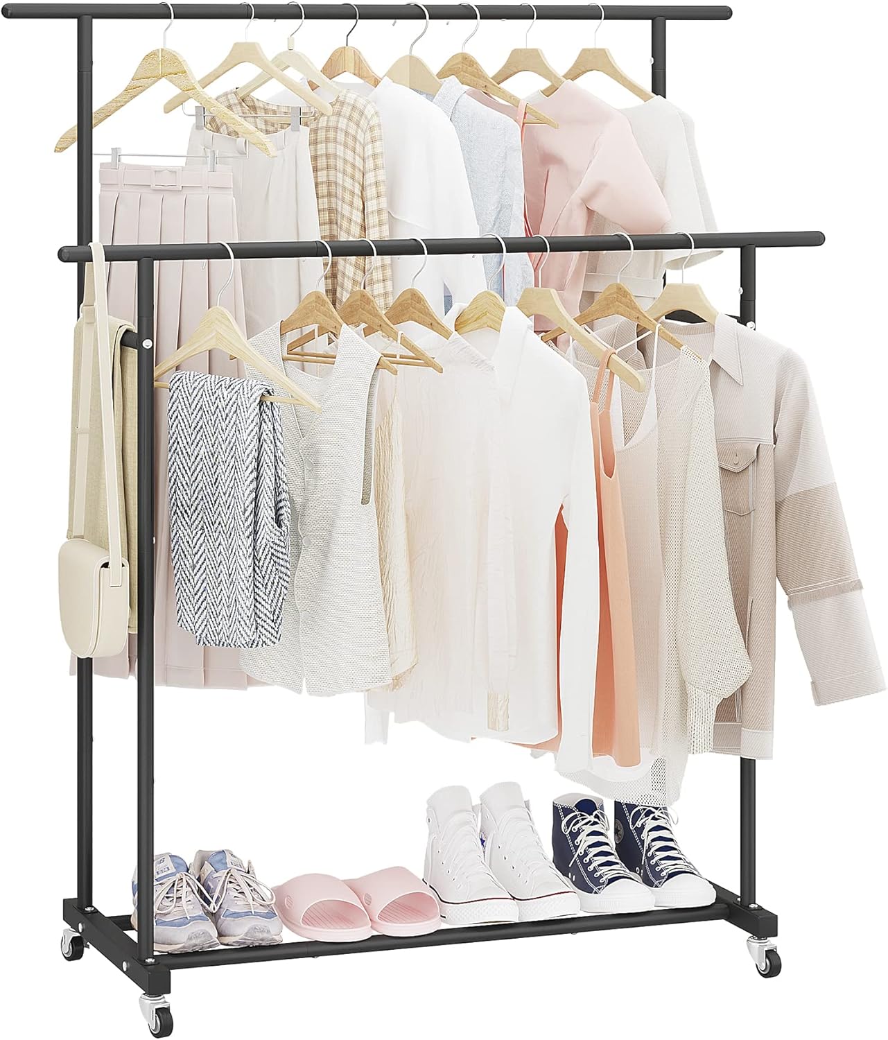 Calmootey Double Rod Clothing Garment Rack,Rolling Hanging Clothes Rack,Portable...