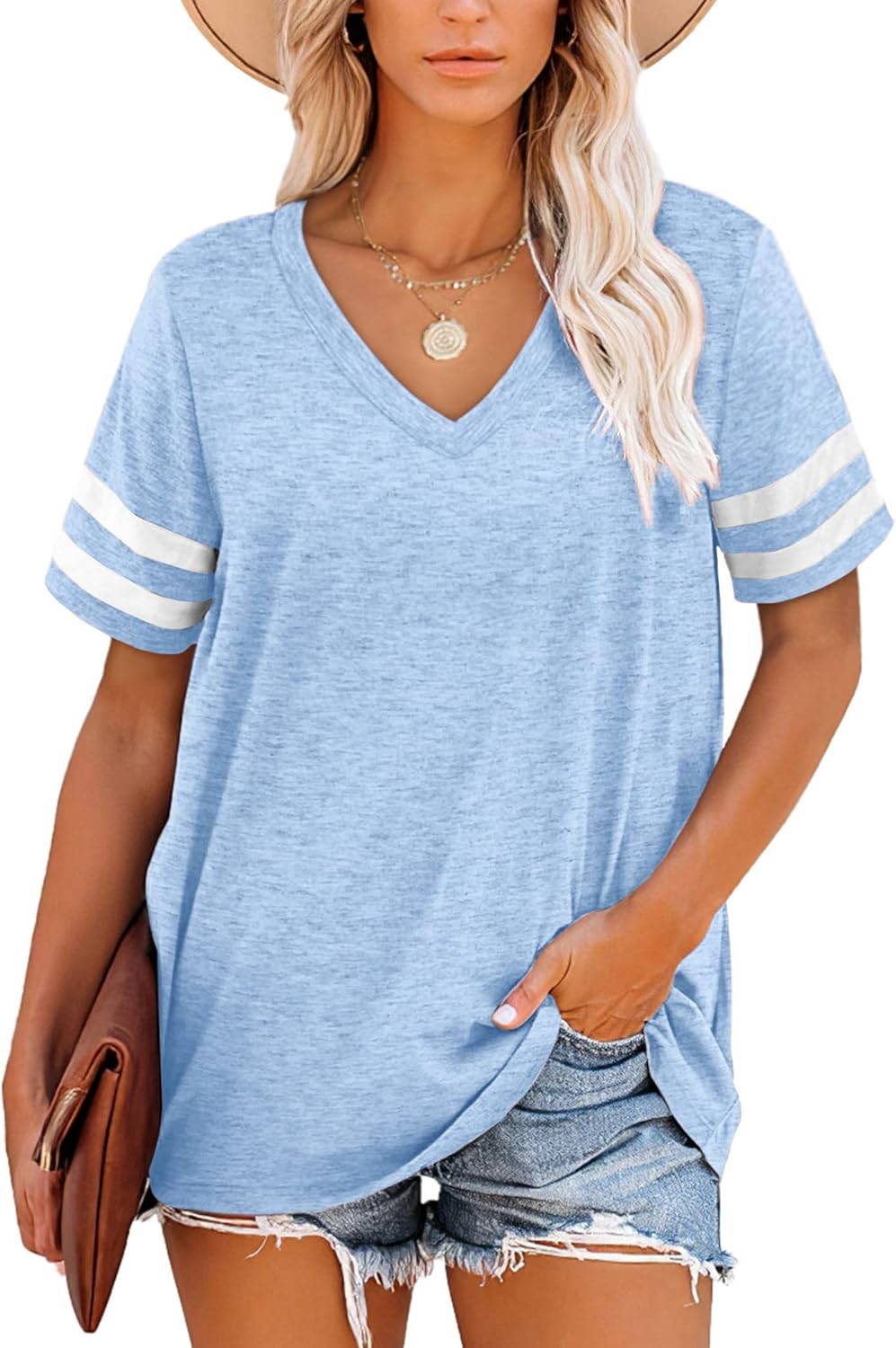 MOLERANI T Shirts for Women Short Sleeve V Neck Striped Summer Tops Casual Loose...