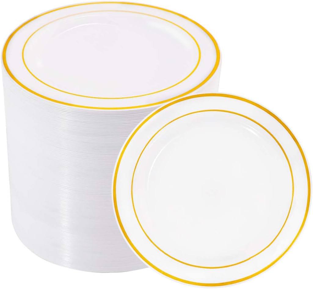 bUCLA 100Pieces Gold Plastic Plates -6.25inch Disposable Salad/Dessert Plates- W...