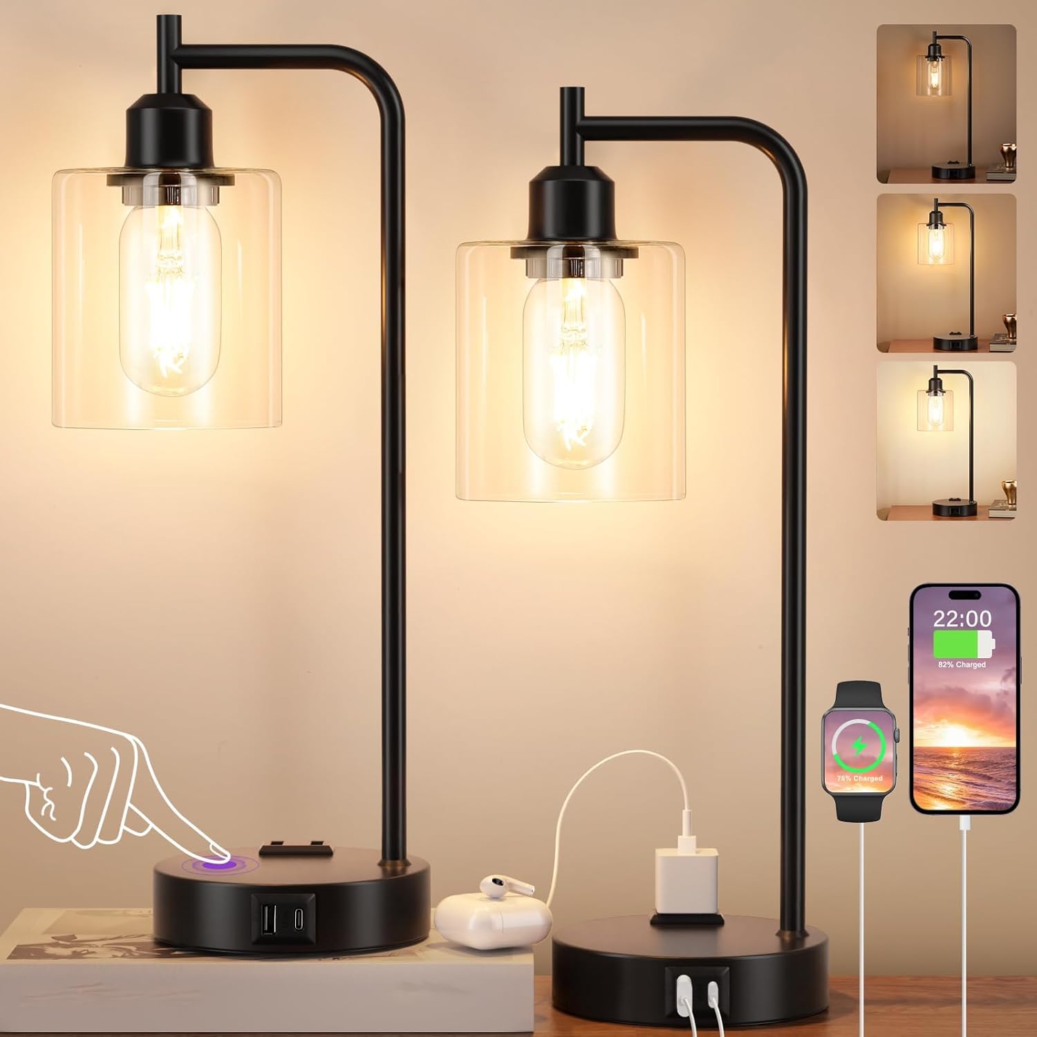 Industrial Touch Table Lamps for Bedrooms Set of 2 - 3-Way Dimmable Nightstand L...
