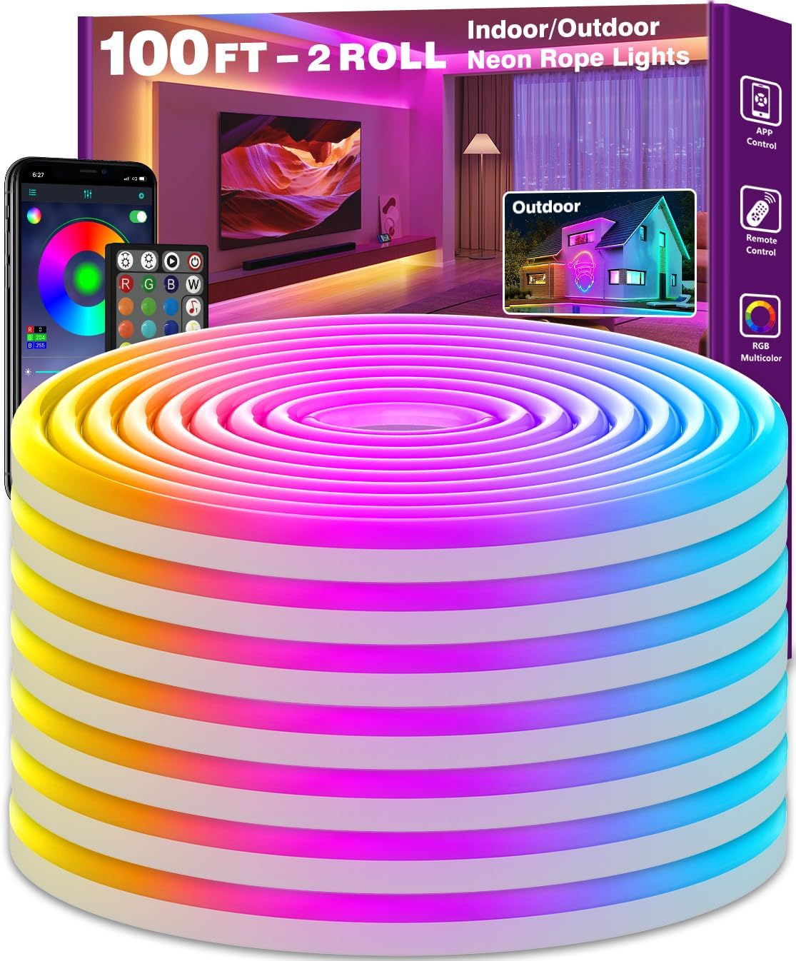 SINLEY Led Neon Rope Lights 100FT,Control with App/Remote,Flexible Led Rope Ligh...