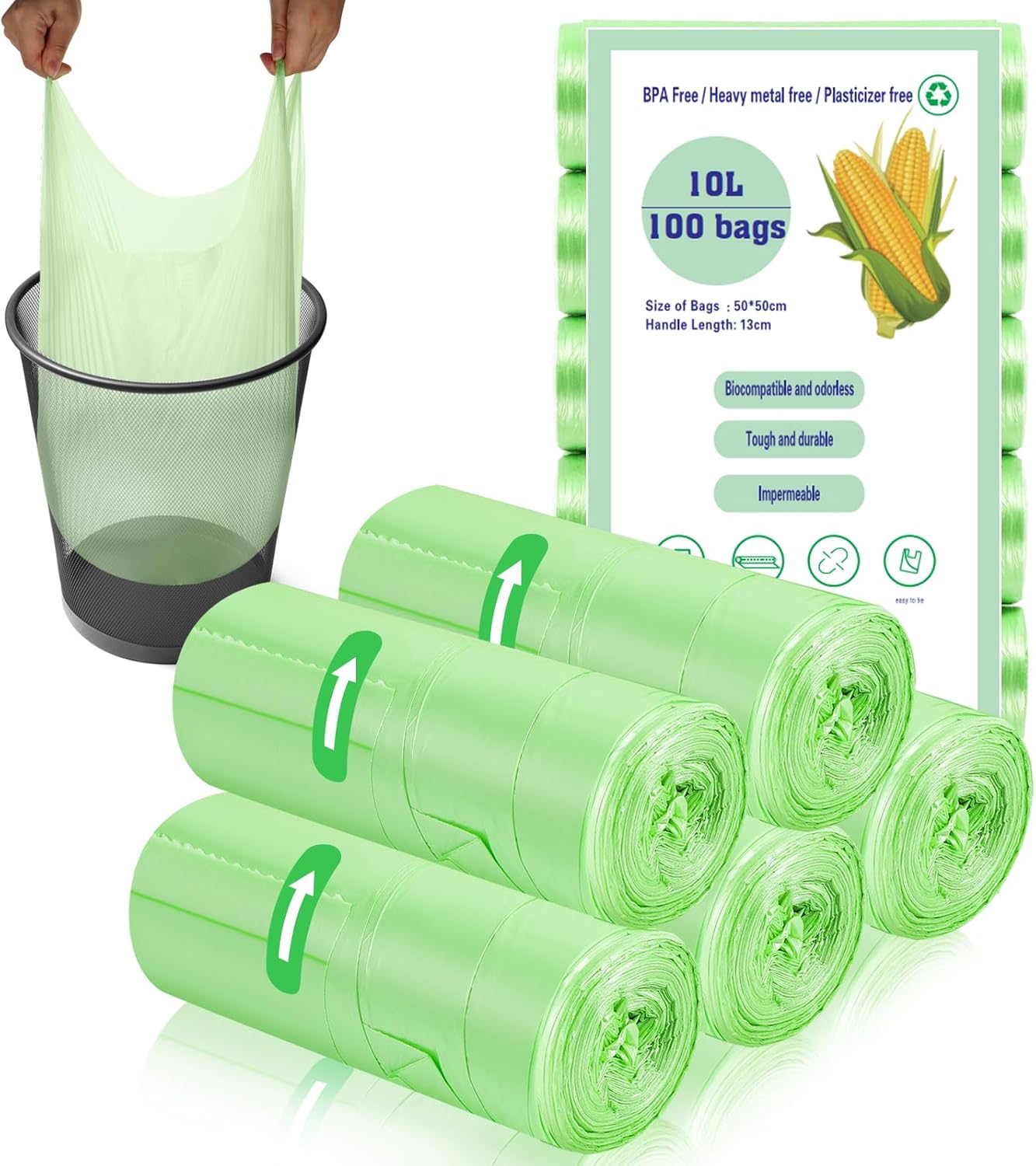 100 x 10 Liter Green Bin Bags, 18.9 * 23.2in Portable Food Waste Bags Small Kitc...