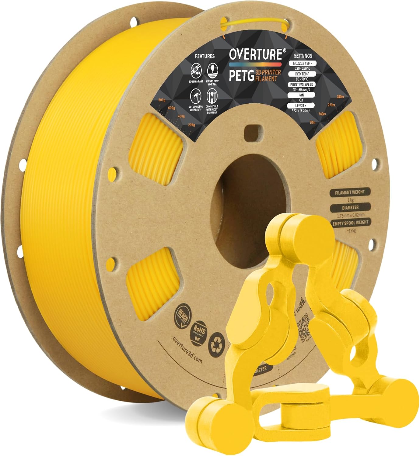 OVERTURE PETG Filament 1.75mm,3D Printer Filament PETG,1kg Spool (2.2lbs),Dimens...