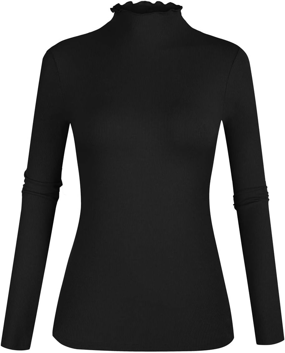POPZONE Women's Lettuce Trim Mock Neck Long Sleeve Slim Fit Ribbed Knit Tee Shir...