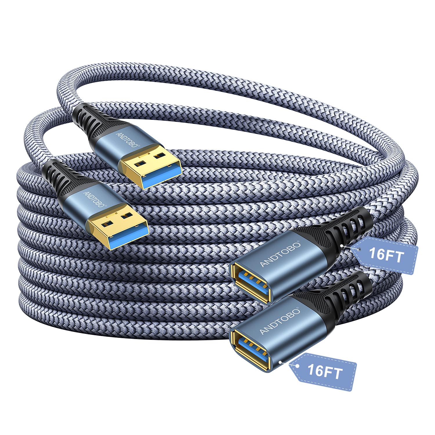 ANDTOBO 2 Pack USB Extension Cable 5M, USB 3.0 Type A Male to Female Extender Ca...