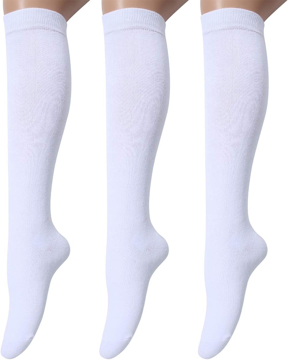 Leotruny 3 Pairs Women's Cotton Opaque Knee High Socks 7-13 White