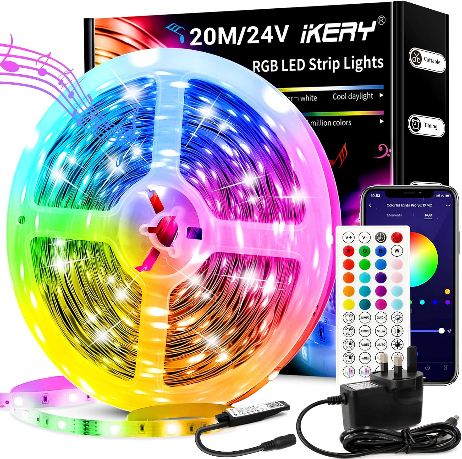 IKERY 20M RGB LED Strip Lights LED Lights Strips Music Sync, Bluetooth App with...