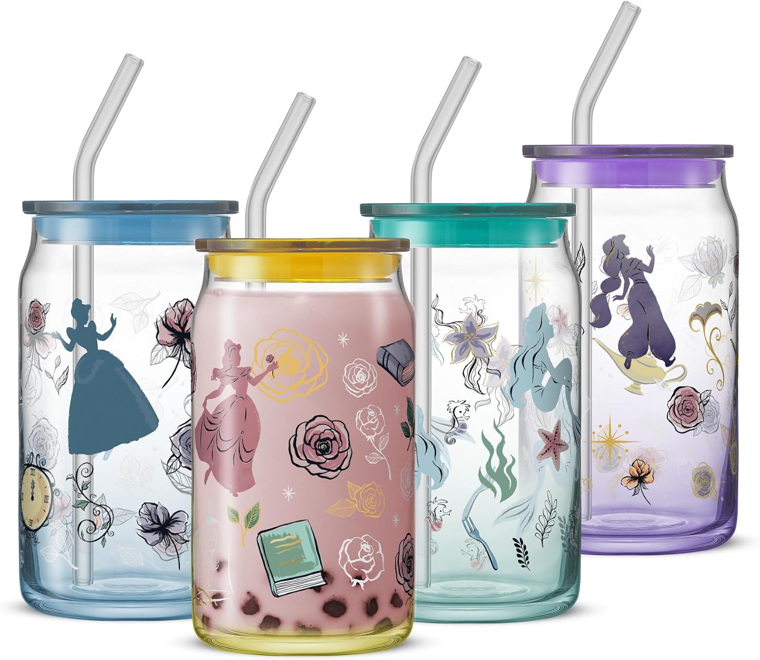 JoyJolt Disney Princess Icon Glass Tumblers with Lids and Straws, 16oz Glass Cup...