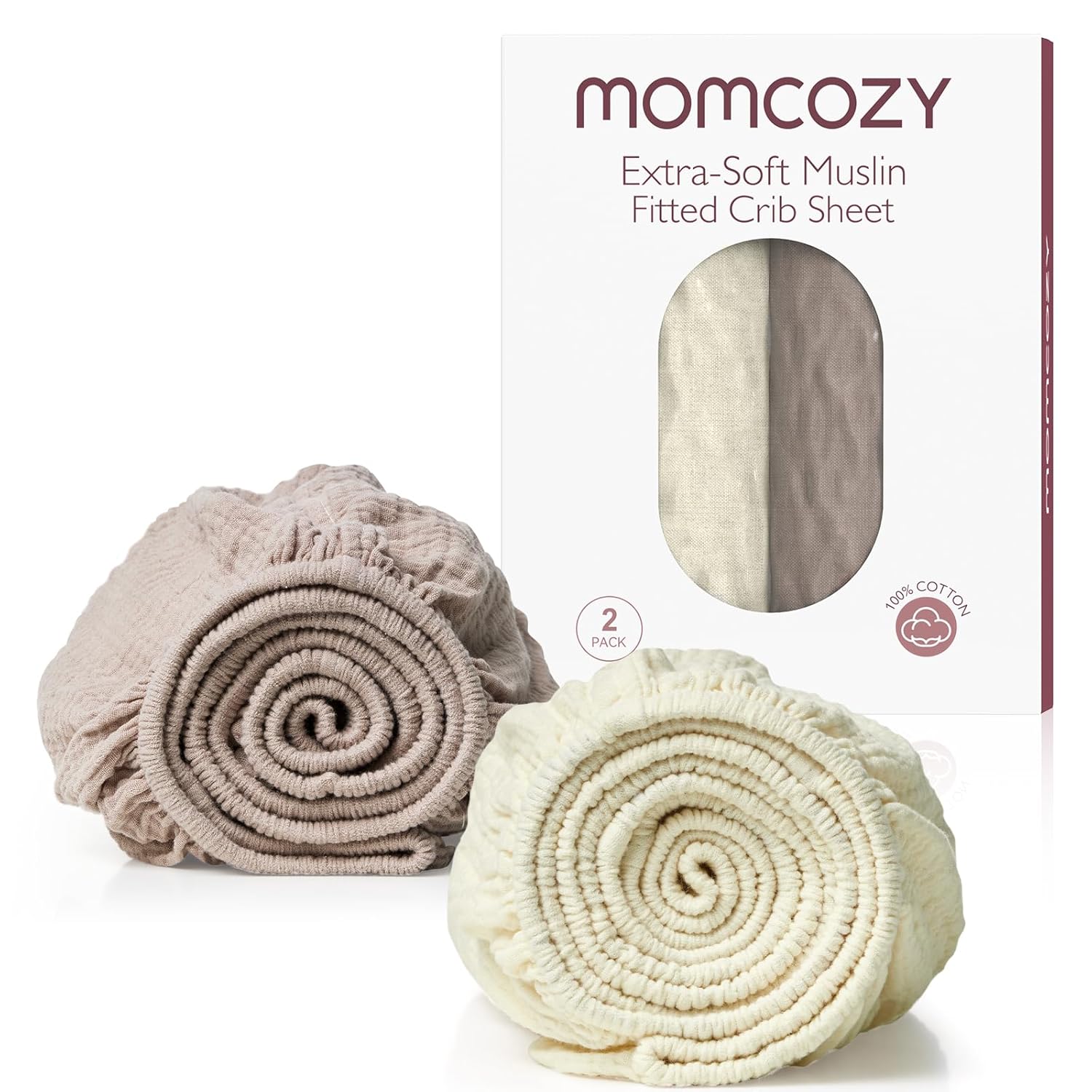 Momcozy Muslin Fitted Mini Crib Sheets, 38"x26", 2 Pack Soft Breathable Natural...