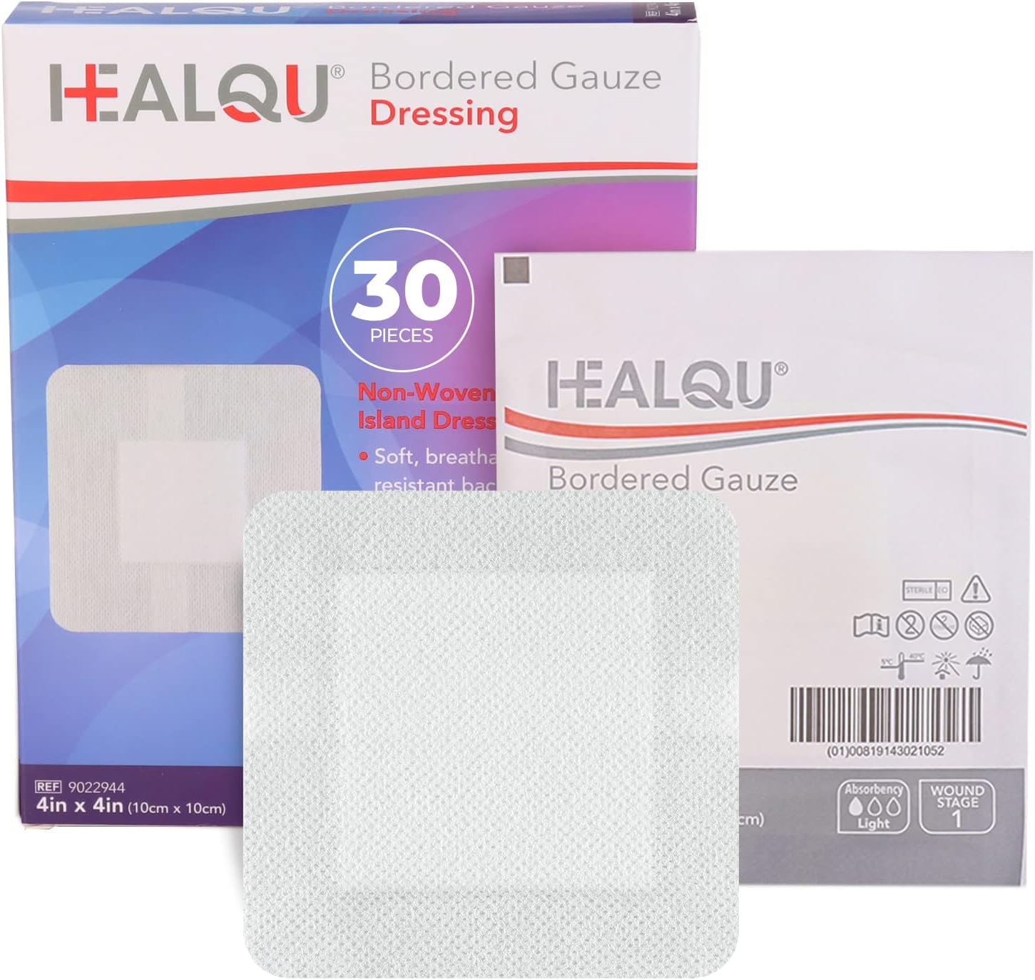 HEALQU Island Dressing - 4"x4", 30 Count - Bordered Gauze Sterile Individually W...
