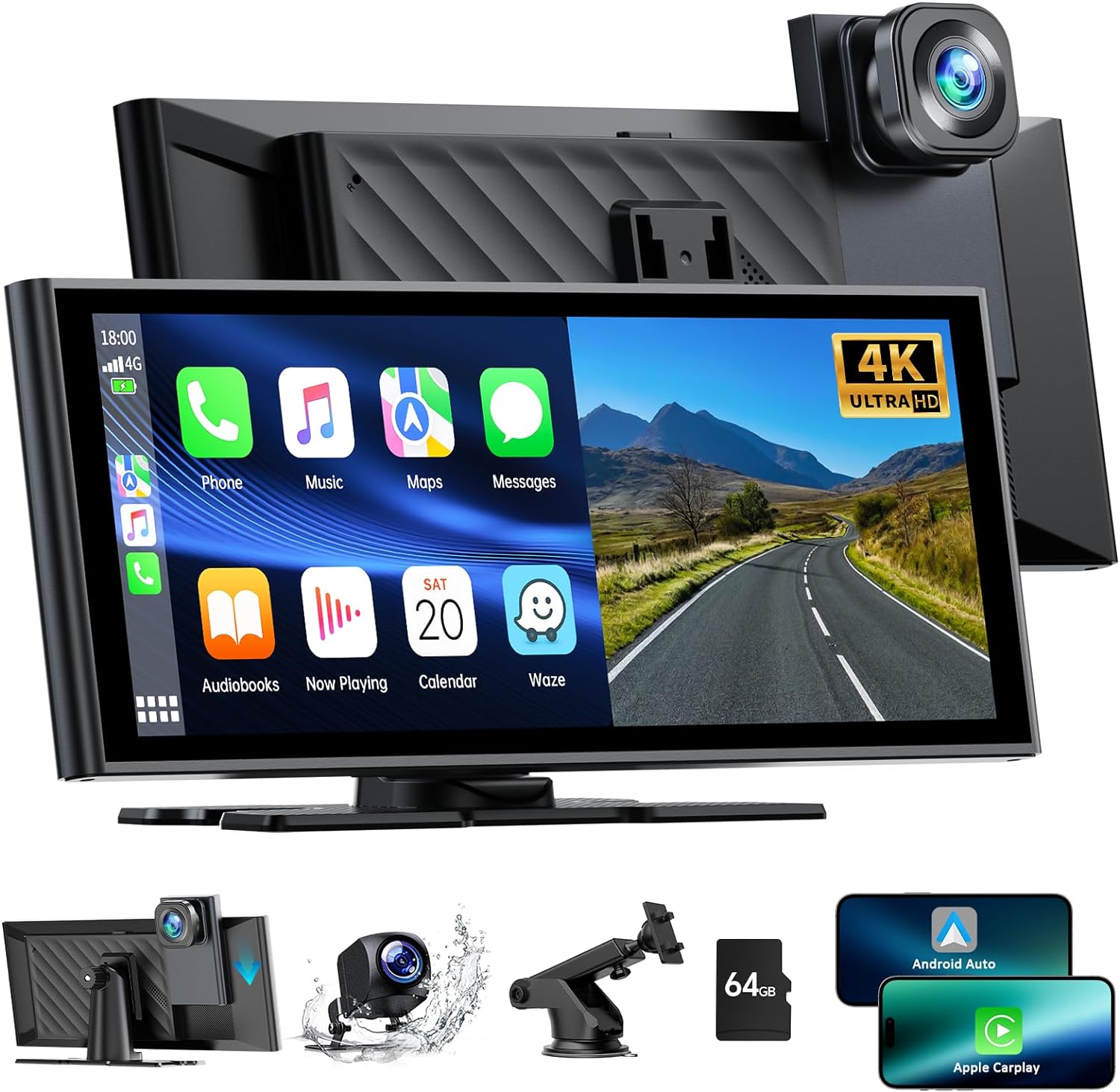 LAMTTO Wireless Car Stereo for Apple Carplay with 4K Dash Cam Front and Rear, 9....
