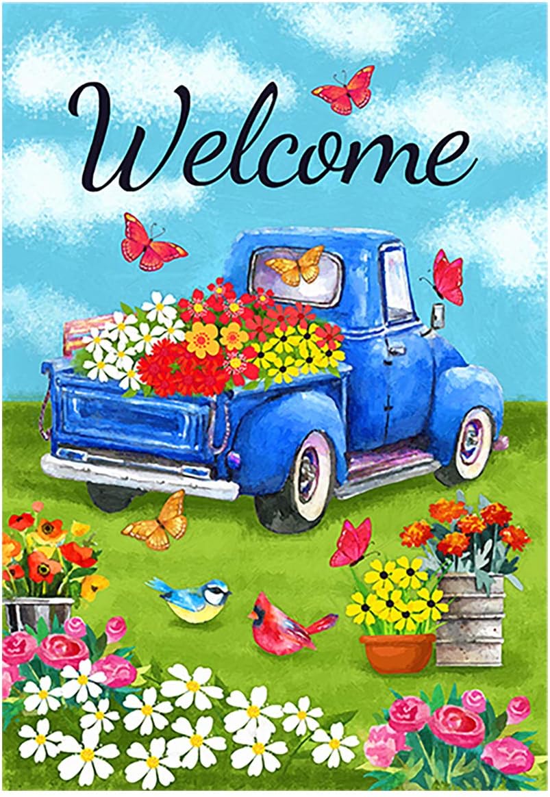 Morigins Welcome Flower Truck House Flag Spring Old Truck Blue Daisy House Yard...
