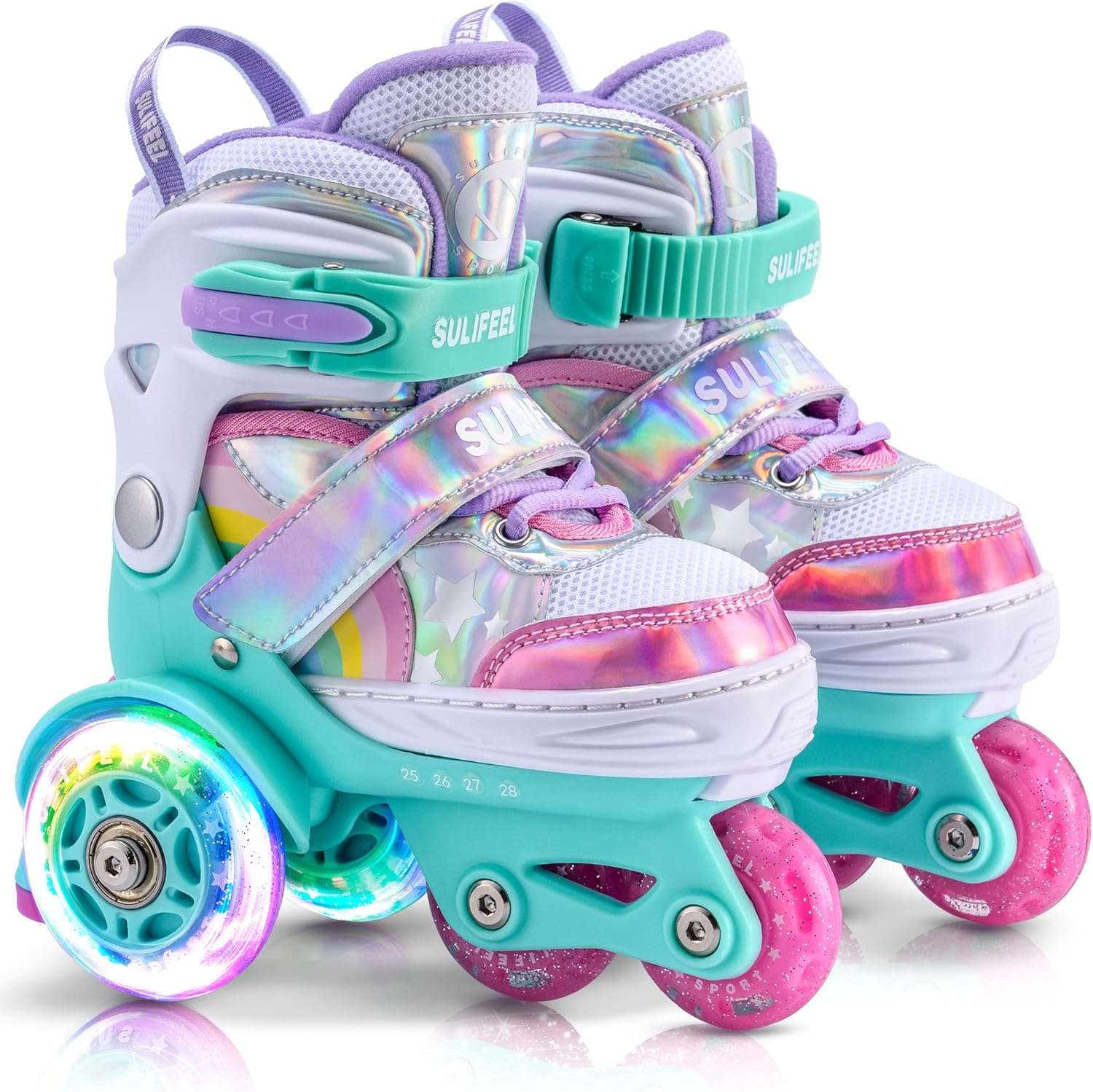 SULIFEEL Rainbow Unicorn 4 Size Adjustable Light up Roller Skates for Girls Boys...
