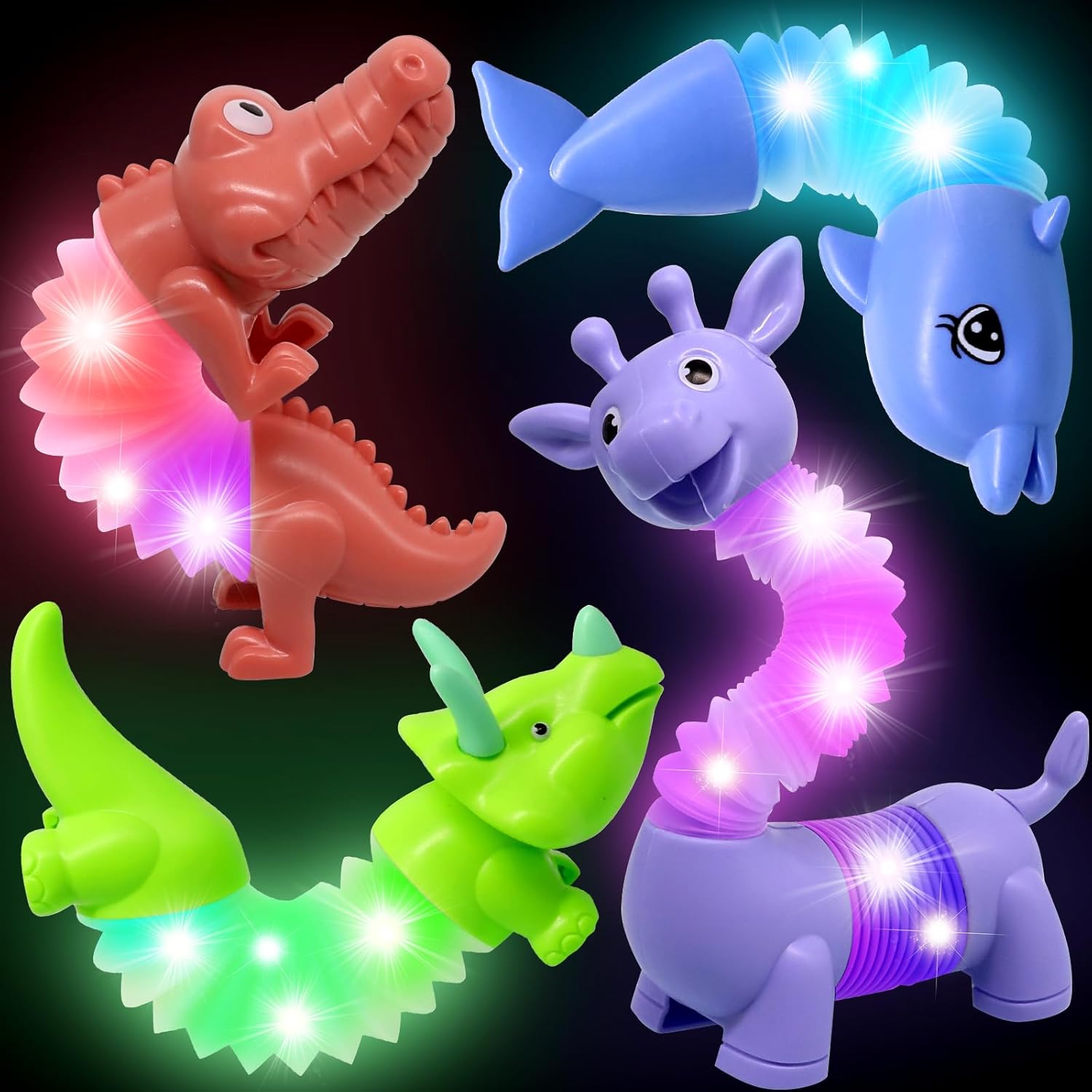 DELEE Pop Tubes Animal Toy, 4Packs Animal Tubes for Autism with LED Light, Chris...