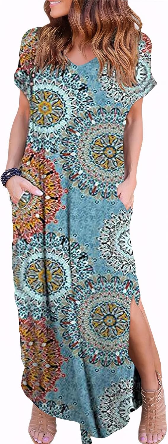 Zilcremo Women Summer Casual Maxi Dress Loose Pockets Short Sleeve Split Boho Dr...