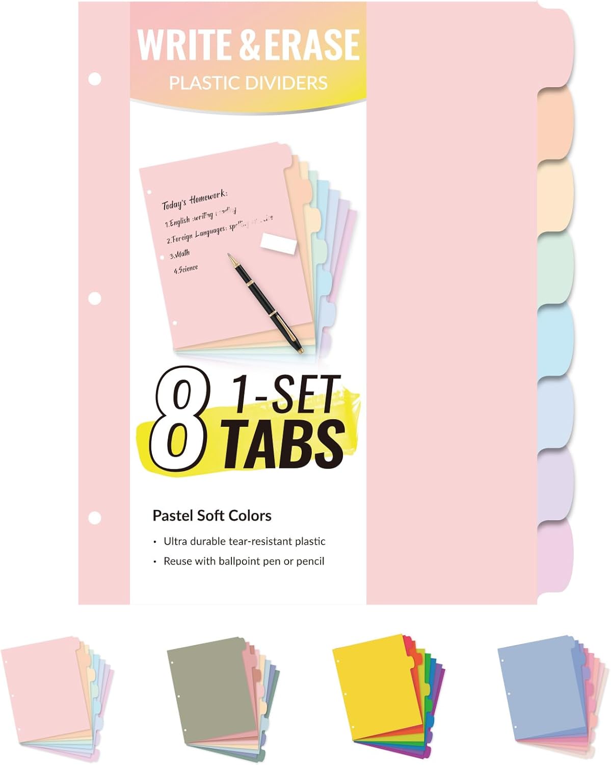 Sooez 8-Tab Durable Plastic Write & Erase Big Tab Dividers for 3 Ring Binder, Ae...