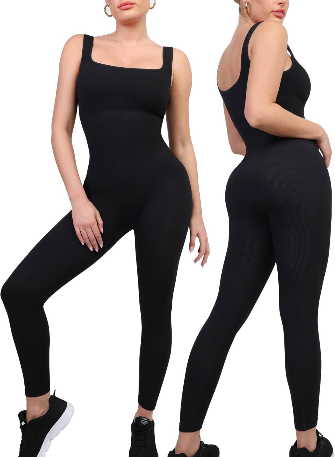 Popilush Jumpsuits for Women Built-In Bra Square Neck Ribbed Bodycon Workout Sea...