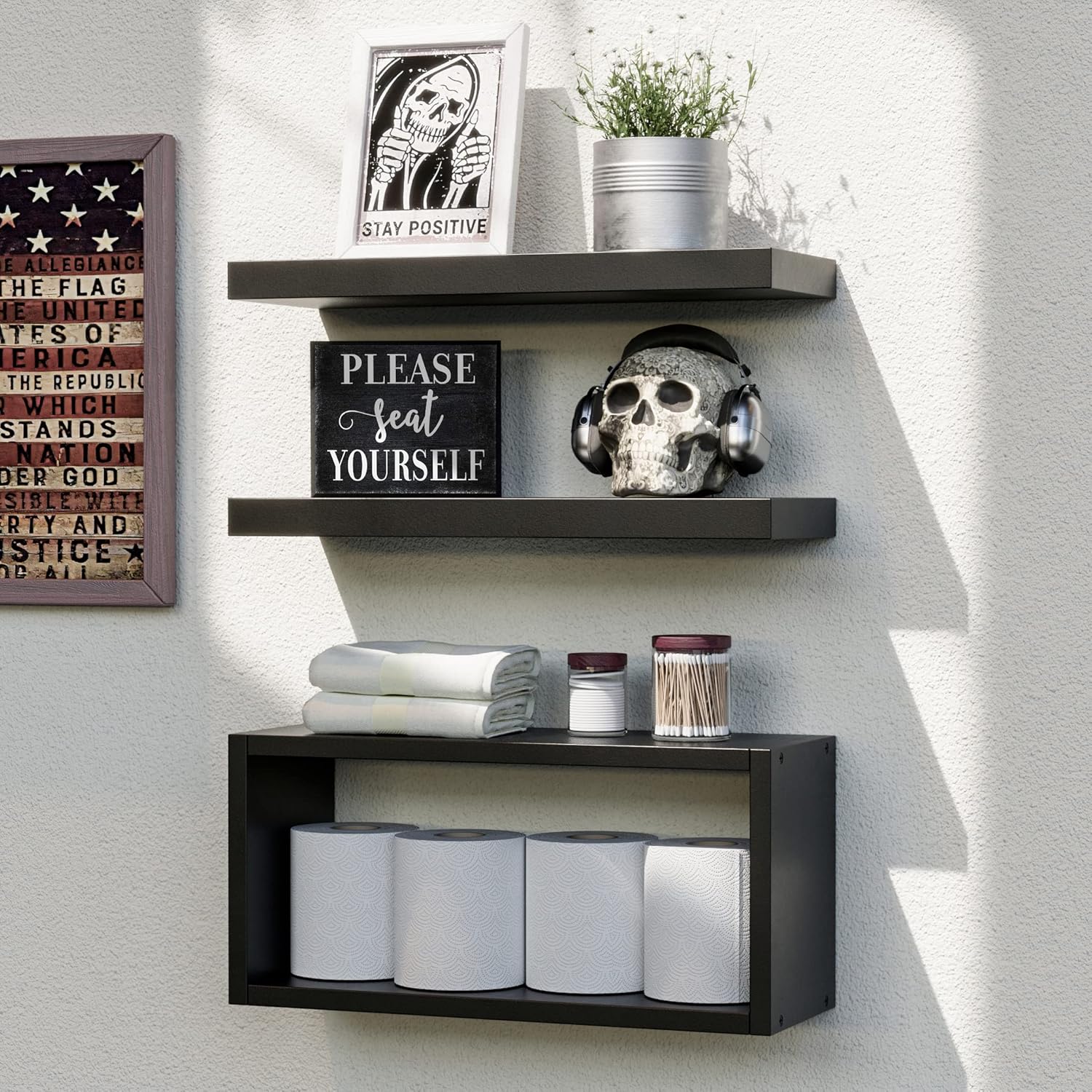 RICHER HOUSE Black Floating Shelves Set of 3, Modern Bathroom Shelves Wall Mount...