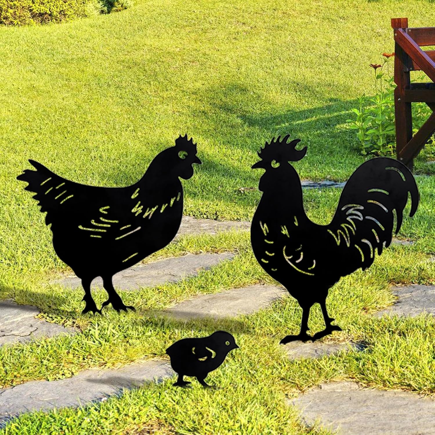 TT & MM Metal Chicken Yard Decor 3 Pcs Rooster Garden Stakes,Chicken Gifts for W...