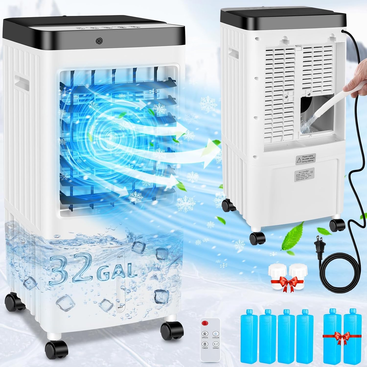 Evaporative Air Cooler 3-in-1 Portable Cooling Fan for Summer with Timer & Remot...