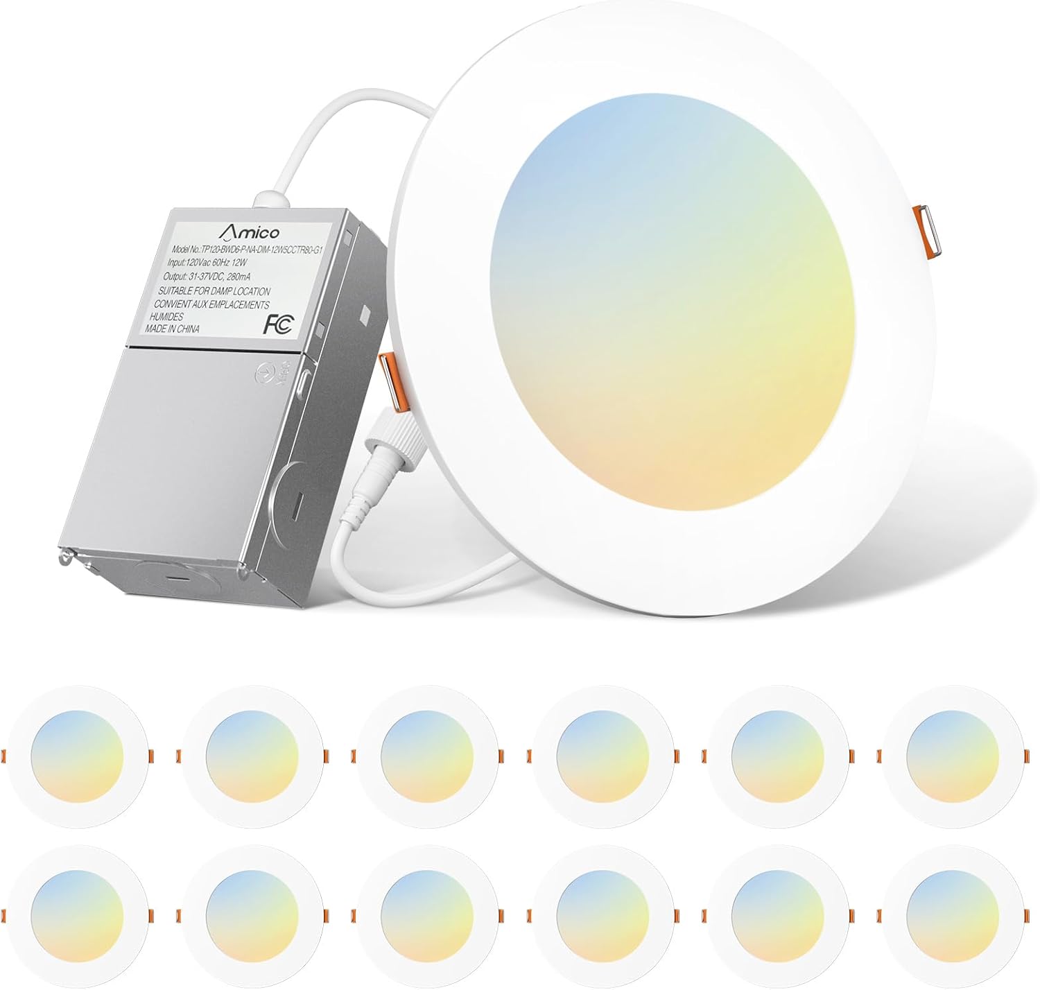 Amico 12 Pack 6 Inch 5CCT Ultra-Thin LED Recessed Ceiling Light with Junction Bo...