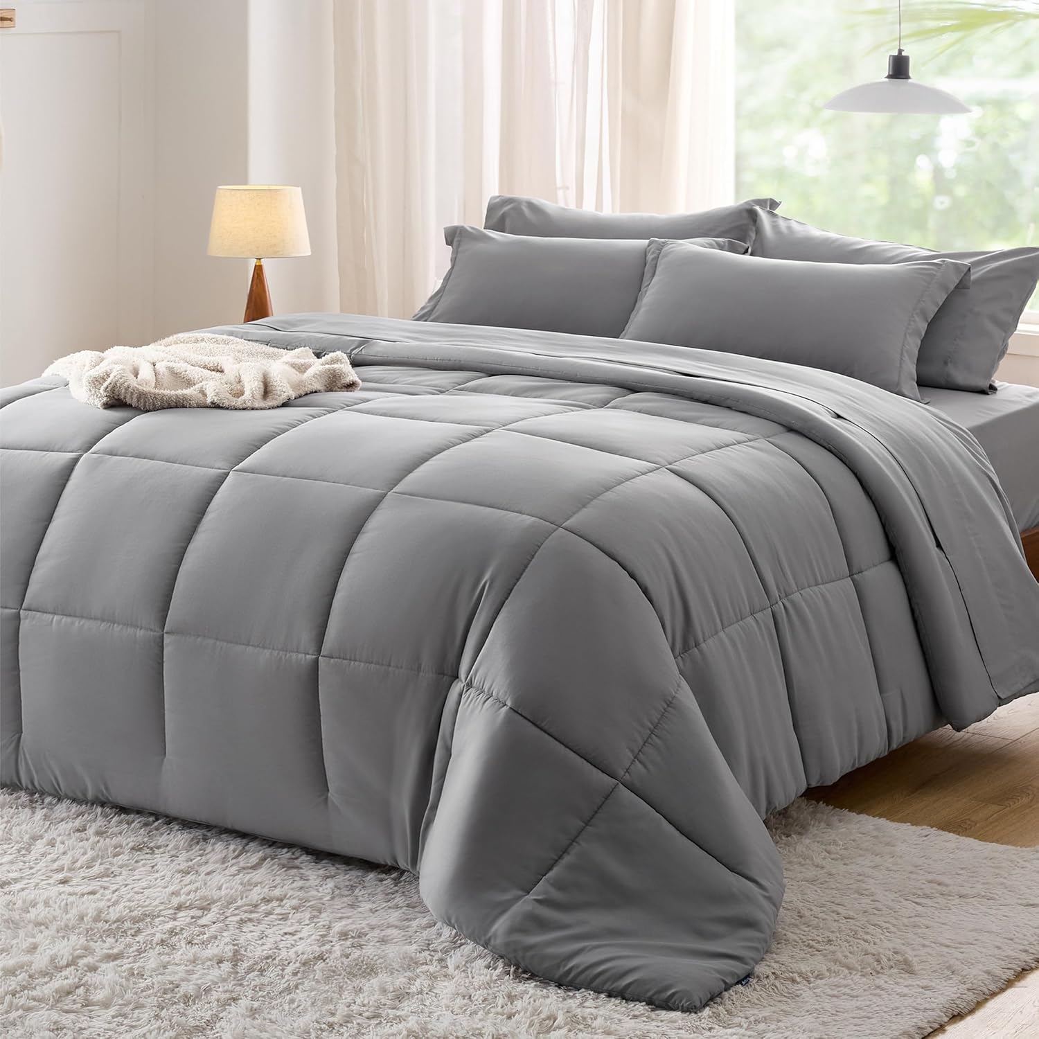 Bedsure Grey Comforter Set Queen - 7 Pieces Solid Bed in a Bag, Queen Bed Set wi...