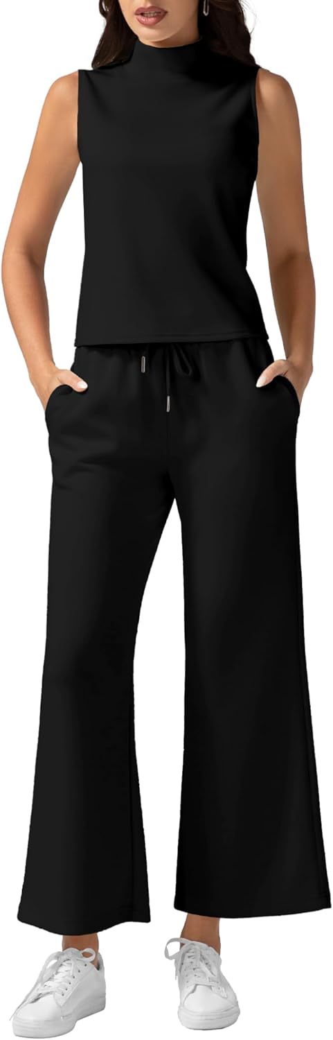 Women's Summer 2 Piece Outfits Mock Neck Tank Top Cropped Wide Leg Pants Lounge...