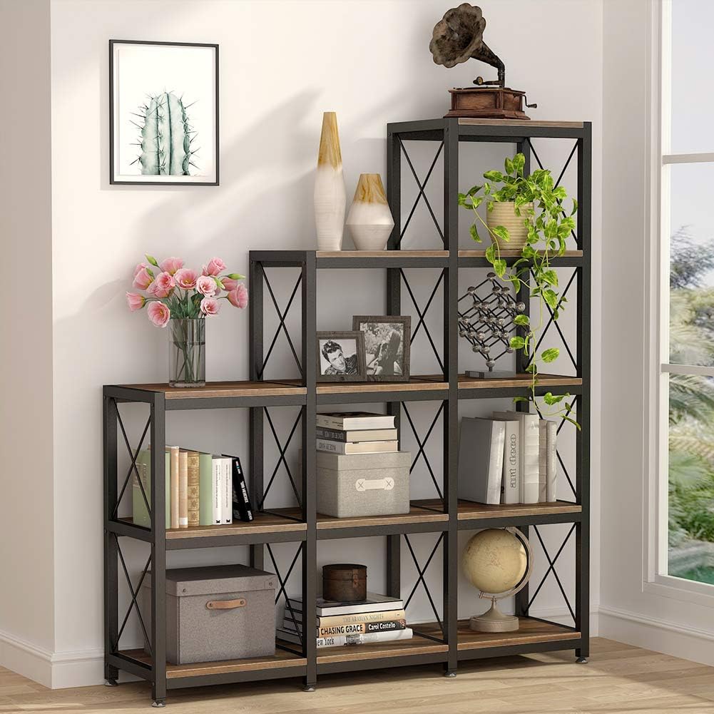 Tribesigns 12 Shelves Bookshelf, Industrial Ladder Corner Bookshelf 9 Cubes Step...