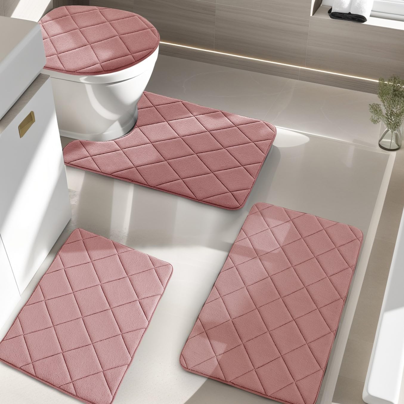 YIHOUSE Pink Bathroom Rug Sets 4 Piece, Non Slip Memory Foam Bathroom Rugs, Mach...