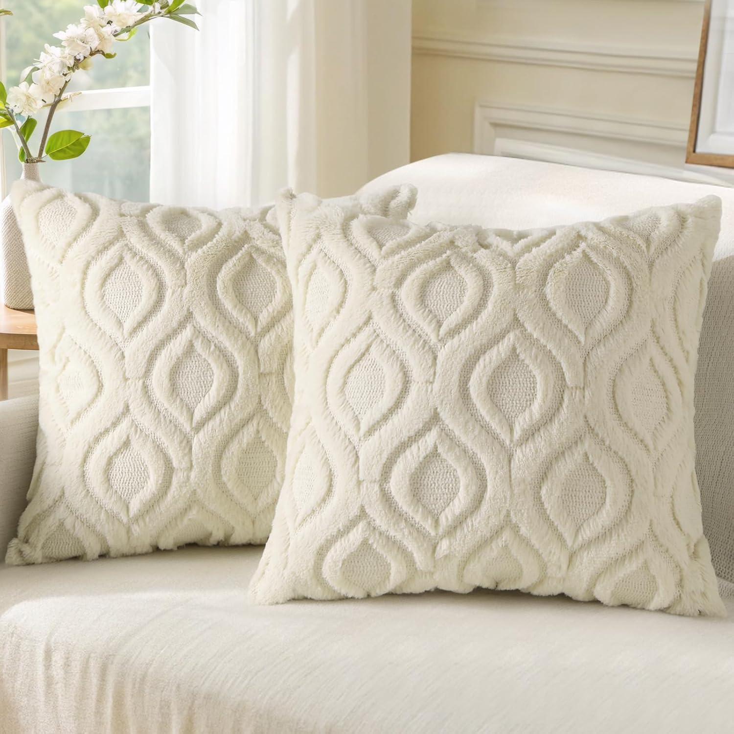 decorUhome Set of 2 Faux Fur Cushion Covers 45x45 cm, Decorative Soft Plush Fluf...