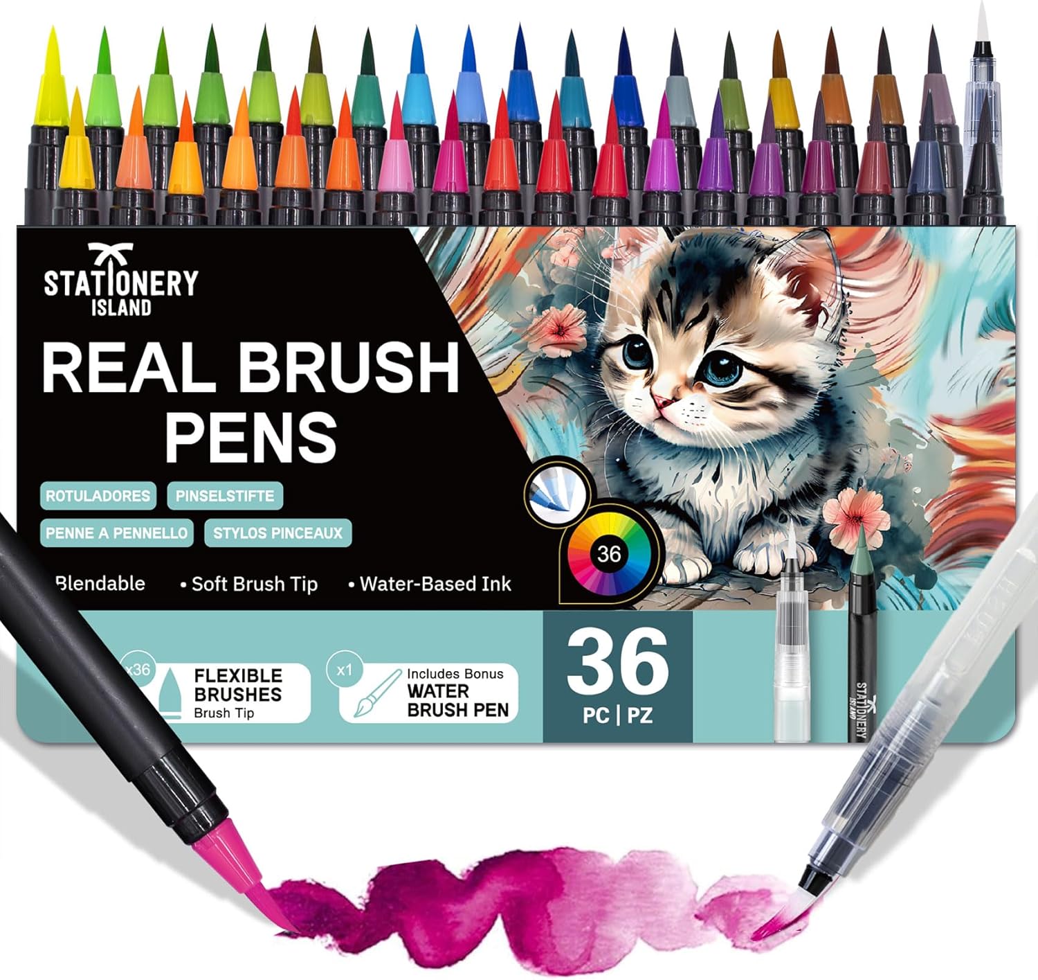 STATIONERY ISLAND Watercolour Brush Pens 36+1 Set Soft Brush Pens Water Colour P...