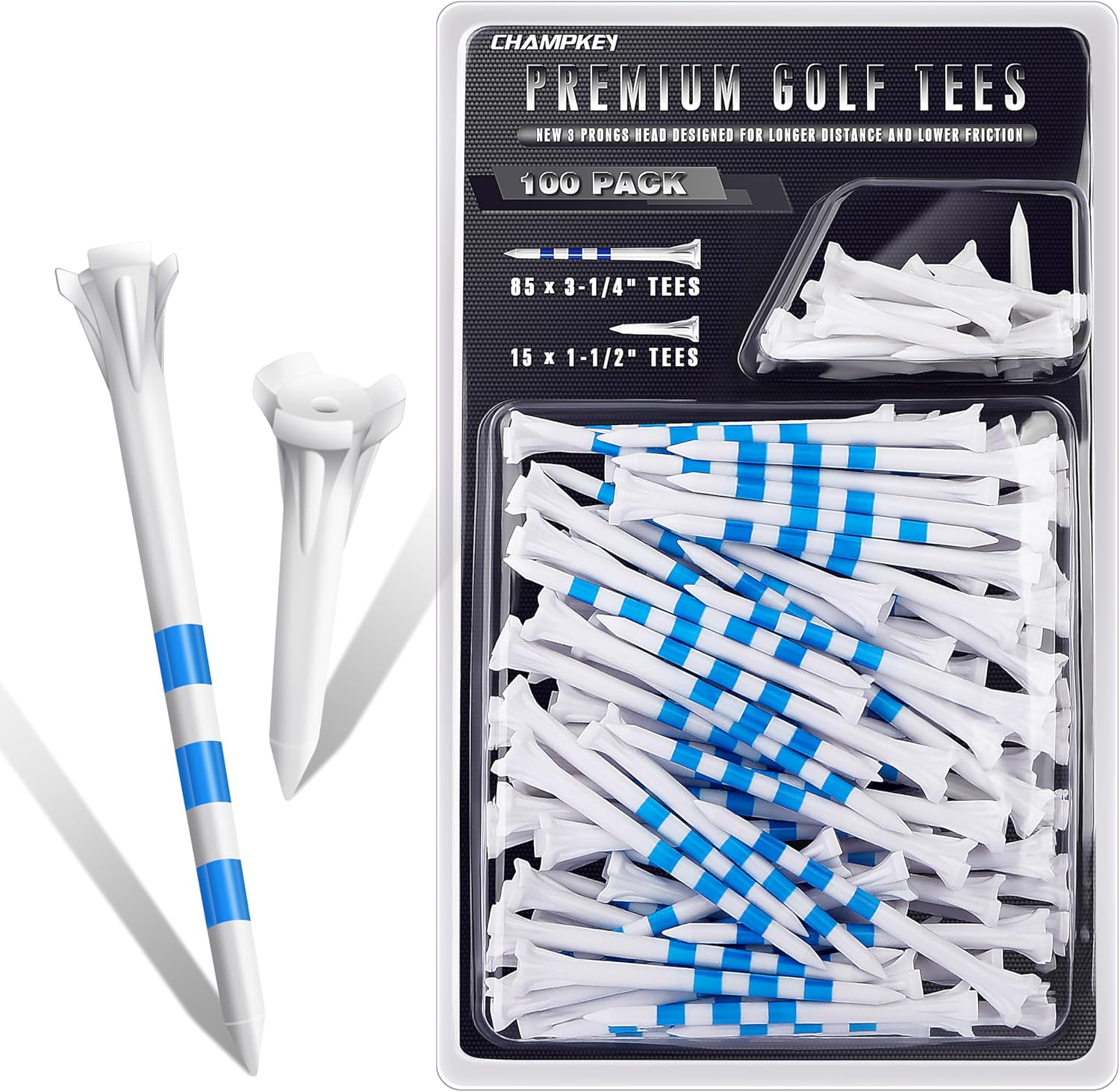 CHAMPKEY Premium 3 Prongs Plastic Golf Tees 100 Pack - 85 Count 3-1/4" with 15 C...