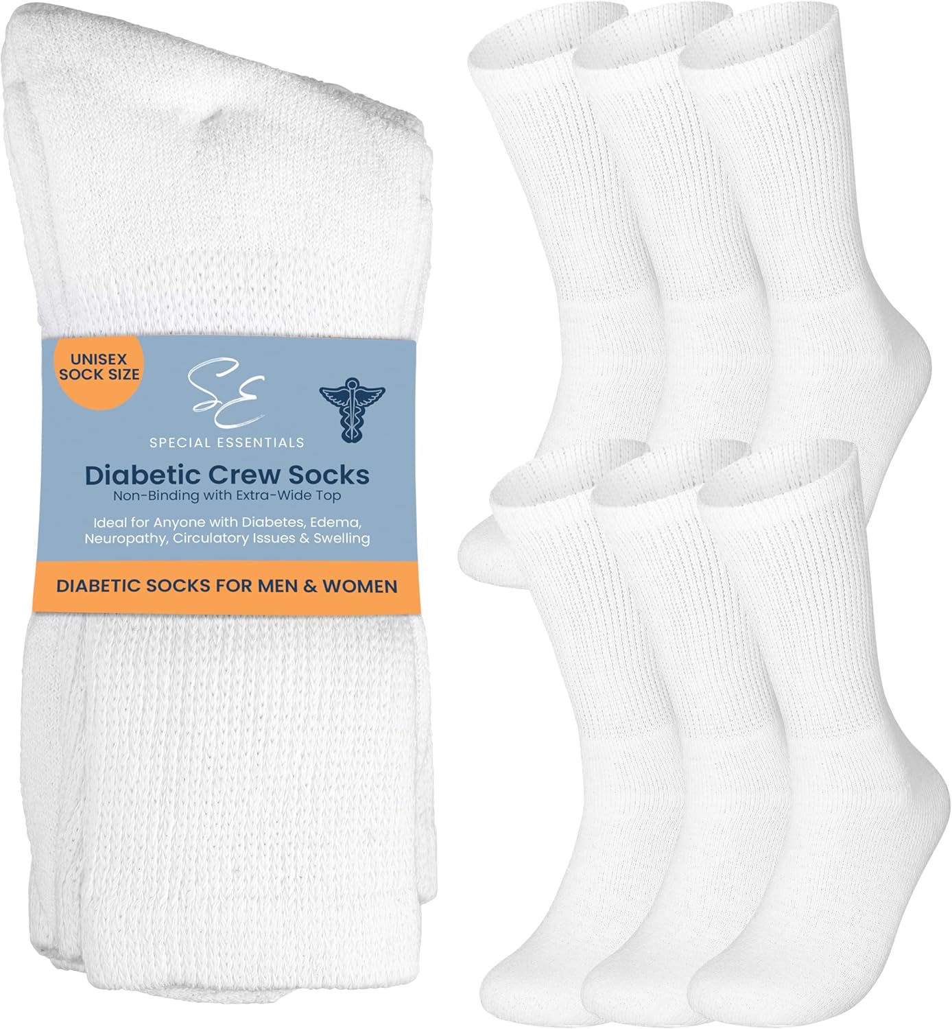 Special Essentials 6 Pairs Non-Binding Cotton Diabetic Crew Socks With Extra Wid...