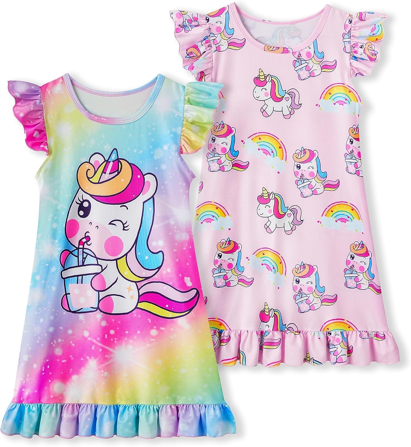 LQSZ 2Pcs Girls Nightgowns 3-10 Years Flutter Short Sleeves Dress Nightdress Sle...