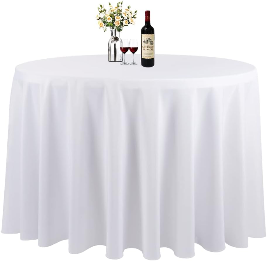White 132 Inch Round Tablecloth, Washable Polyester Table Cover, for Wedding, Re...
