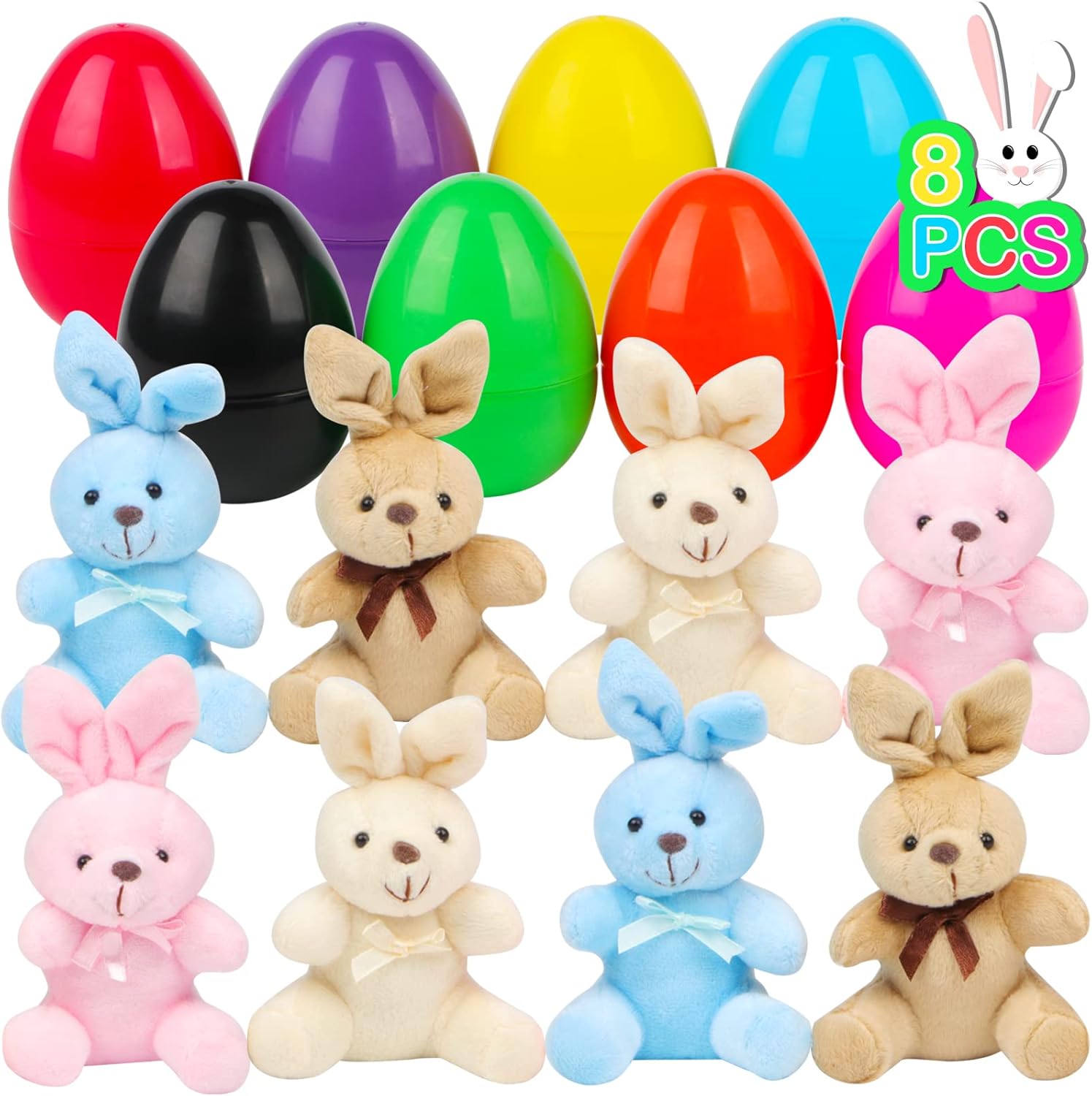 NEWBEA 8 Pcs Filled Easter Eggs with Plush Bunny,3.93" Plastic Easter Eggs Fille...