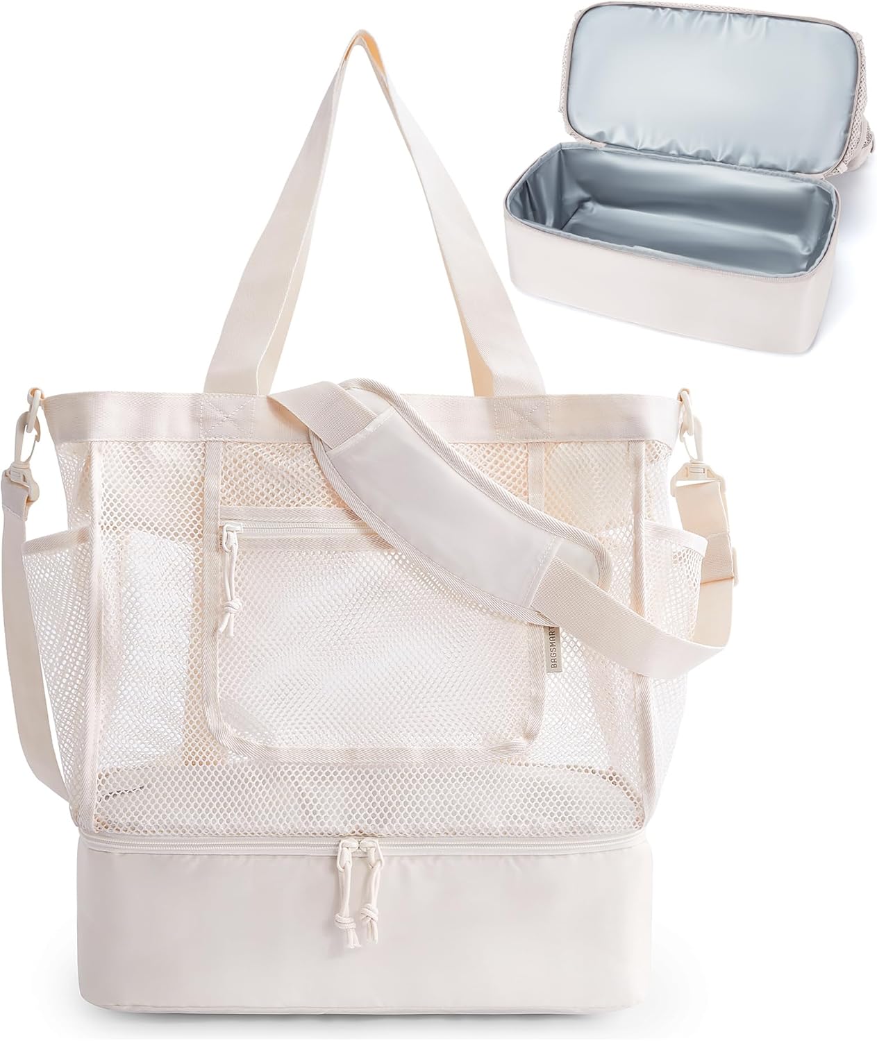 BAGSMART Beach Bag for Women, Mesh Tote Bags with Zipper, Sandproof Vacation Ess...