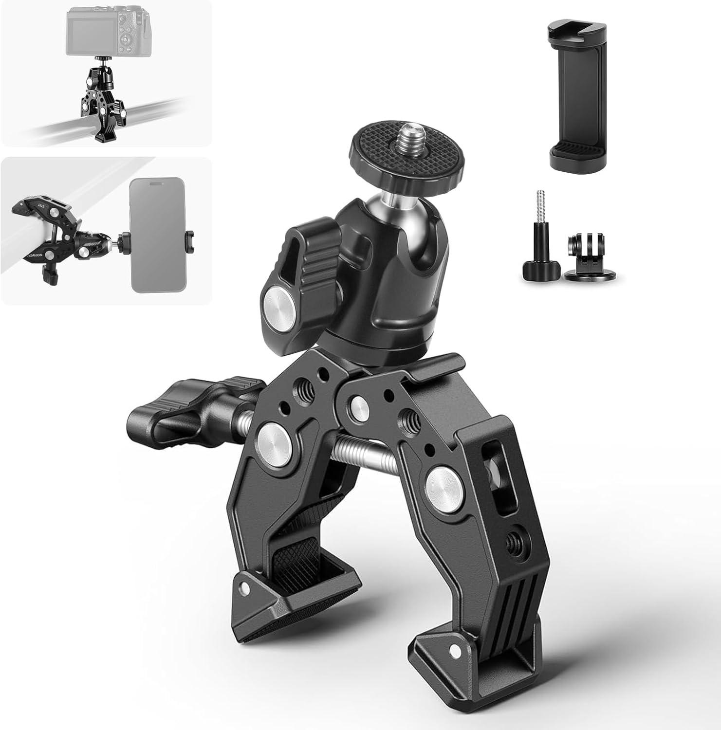 Neewer Super Clamp with Ballhead, Cold Shoe, Phone Holder and Action Camera Moun...