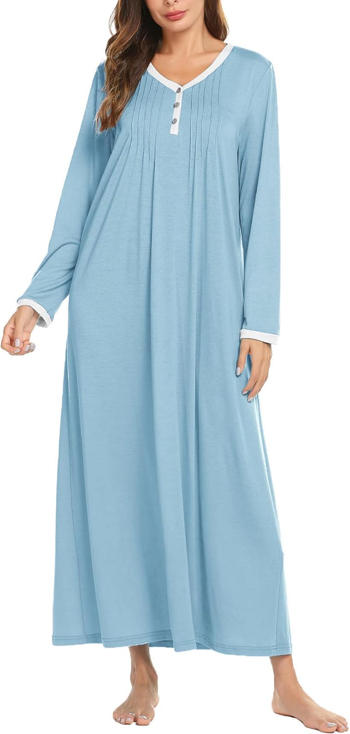 Ekouaer Women's Long Sleeve Nightgown Full Length Sleepwear Long Sleepshirts Hen...